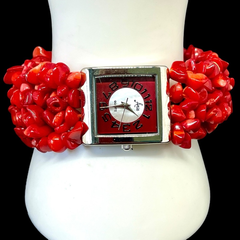 Vintage Aria Silver Tone & Red Coral Women's Watch Square Face New Battery Works